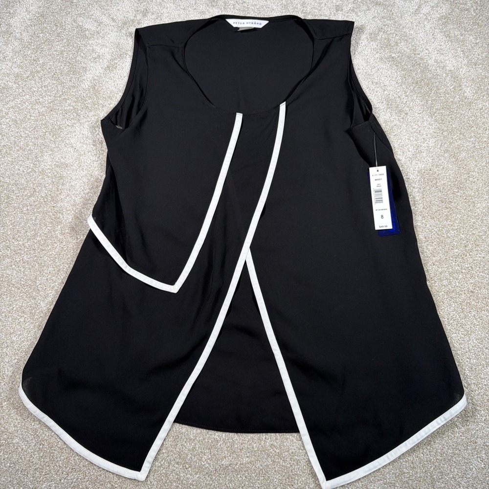 Peter Nygard Missy Open Front Sleeveless Tunic Top Women 8 Black Lightweight NEW